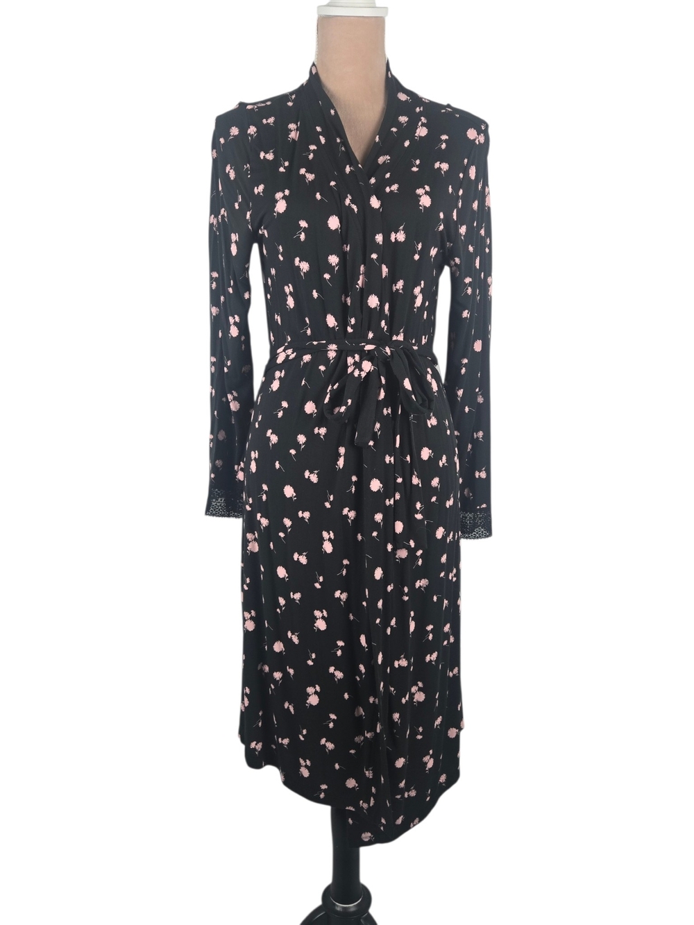 Victoria's Secret Floral Robe Lace Trim Tie Waist Black Pink XS/S